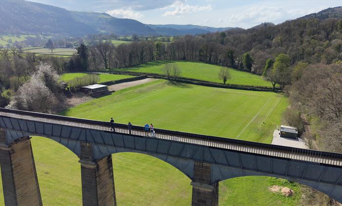 Tour guide on Pontcysyllte Aqueduct near Llangollen in North Wales overlooking the Dee Valley